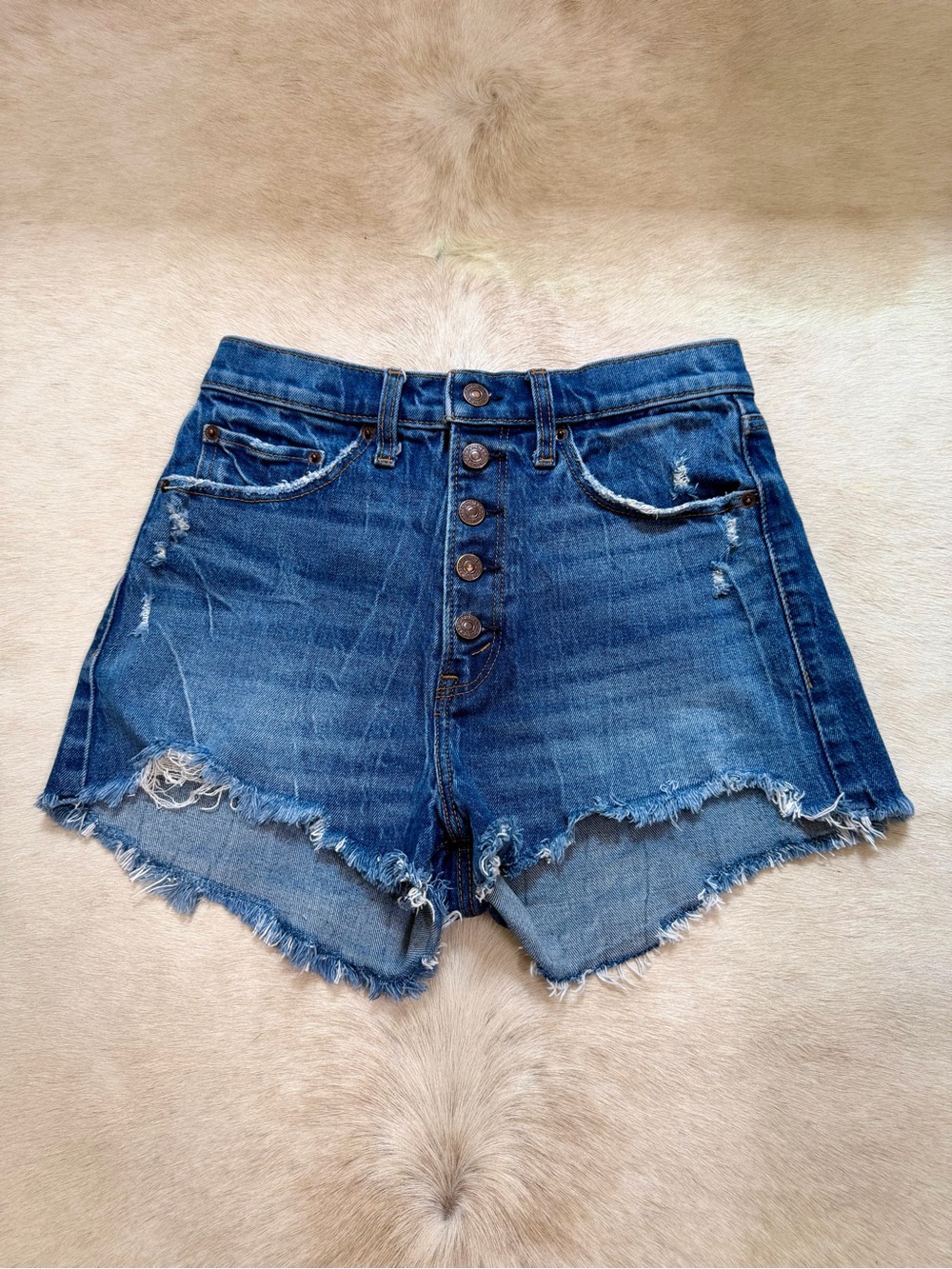 Abercrombie & Fitch High-Waist Frayed Denim Shorts - Blue